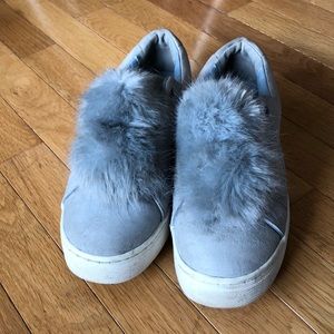 Sam Edelman Suede Pom Pom Sneakers Womans Size 9.5 Grey